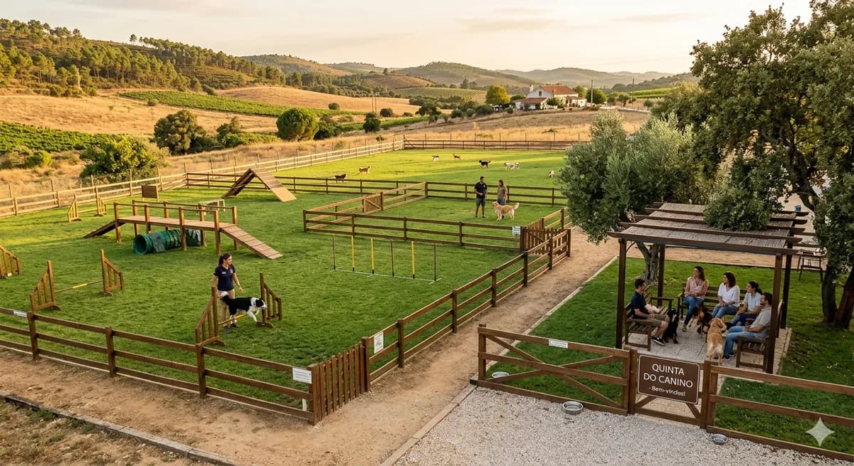 O espaço exterior de treino da Dogs & Co com treinadores e cães