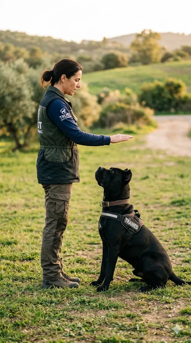 Treinador a trabalhar com cão de raça grande