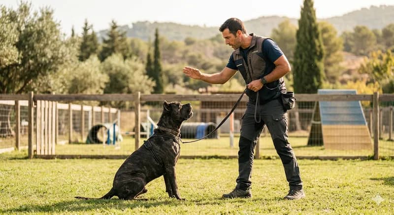 Treinador a trabalhar individualmente com um cão