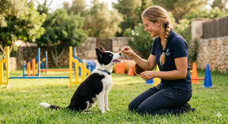Cachorro jovem a aprender comandos básicos com treinador