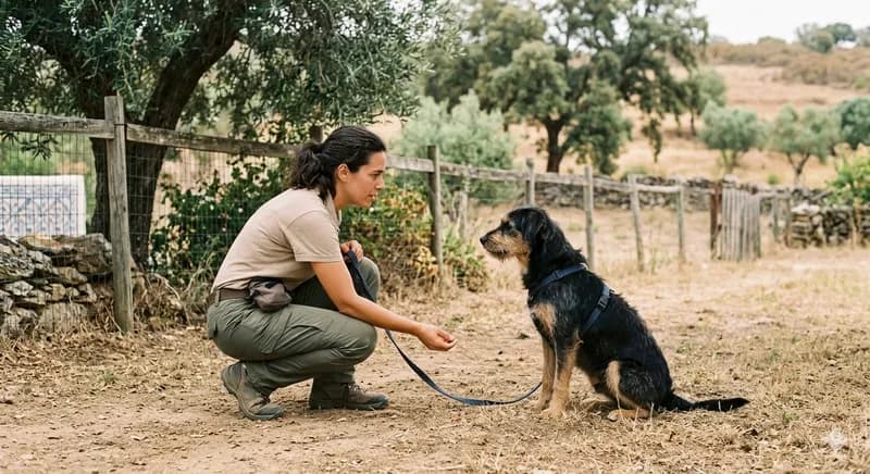 Treinador a trabalhar com cão em exercícios comportamentais