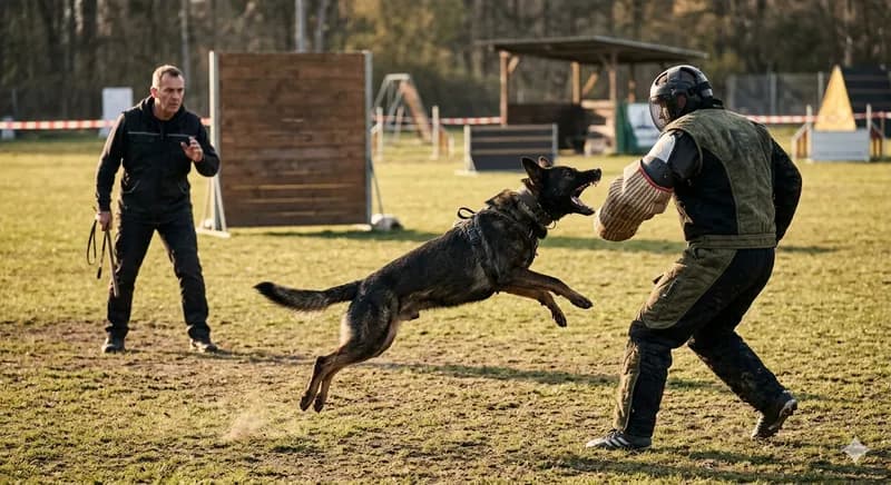 Cão a realizar exercício avançado de treino de proteção
